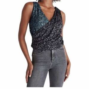NWT Express Edition Navy & Teal Sequin Colorblock Faux Wrap Tank - Size Large